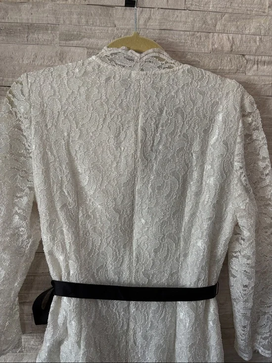 Alex Evenings Cream Lace Peplum Blouse with Black Ribbon - Picture 10 of 11